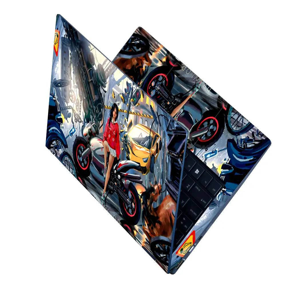 Girl with Motorcycle Sci-Fi Art Laptop Skin - View 2