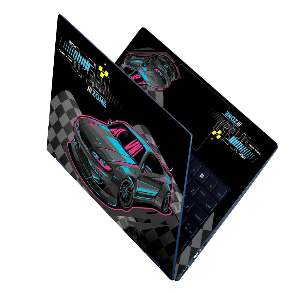 High Speed Zone Black and Blue Sports Car Laptop Skin - View 2