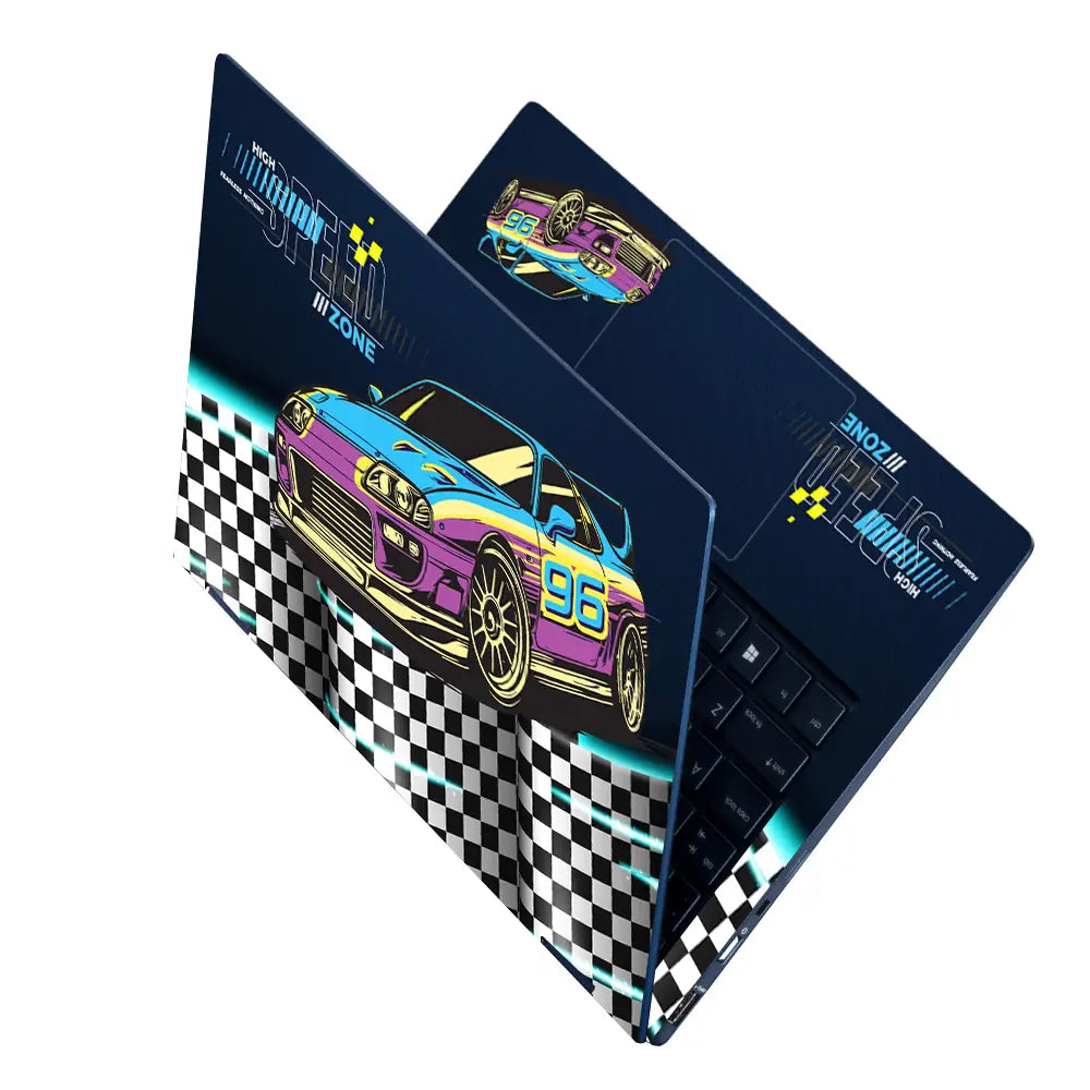 High Speed Zone Purple and Yellow Sports Car Laptop Skin - View 2