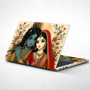 Hindu Radha Krishna Floral Folk Art Laptop Skin - View 1