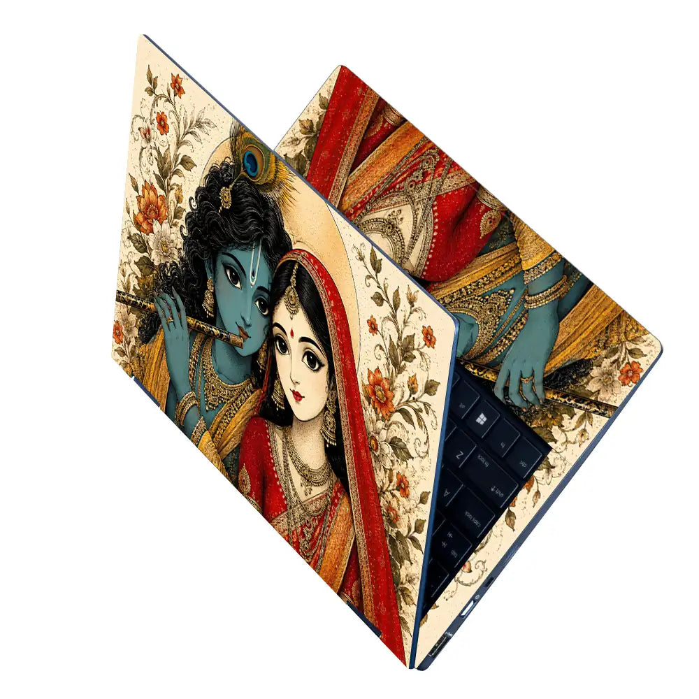 Hindu Radha Krishna Floral Folk Art Laptop Skin - View 2