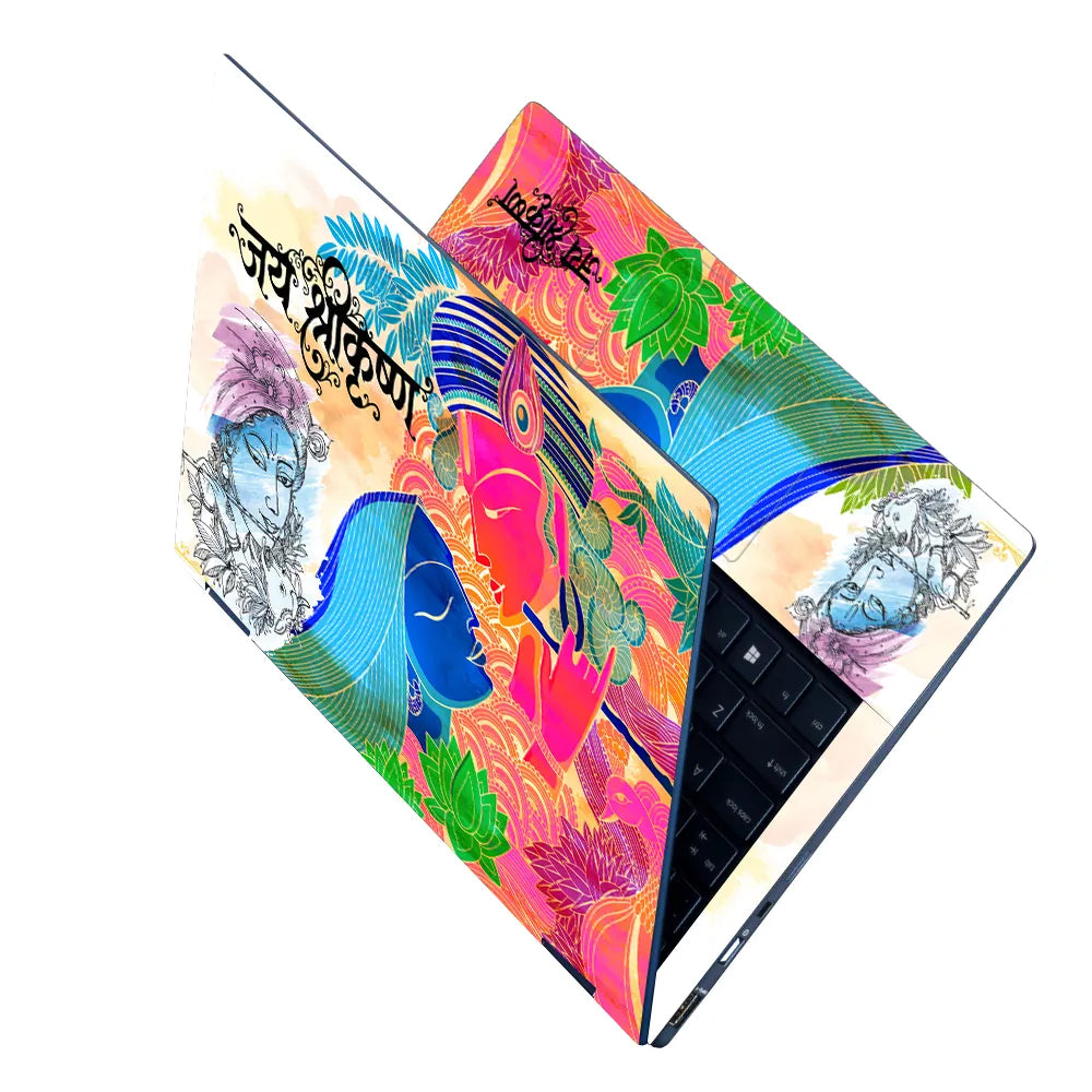 Jai Shri Krishna Colorful Pop Art Flute Lotus Laptop Skin - View 2