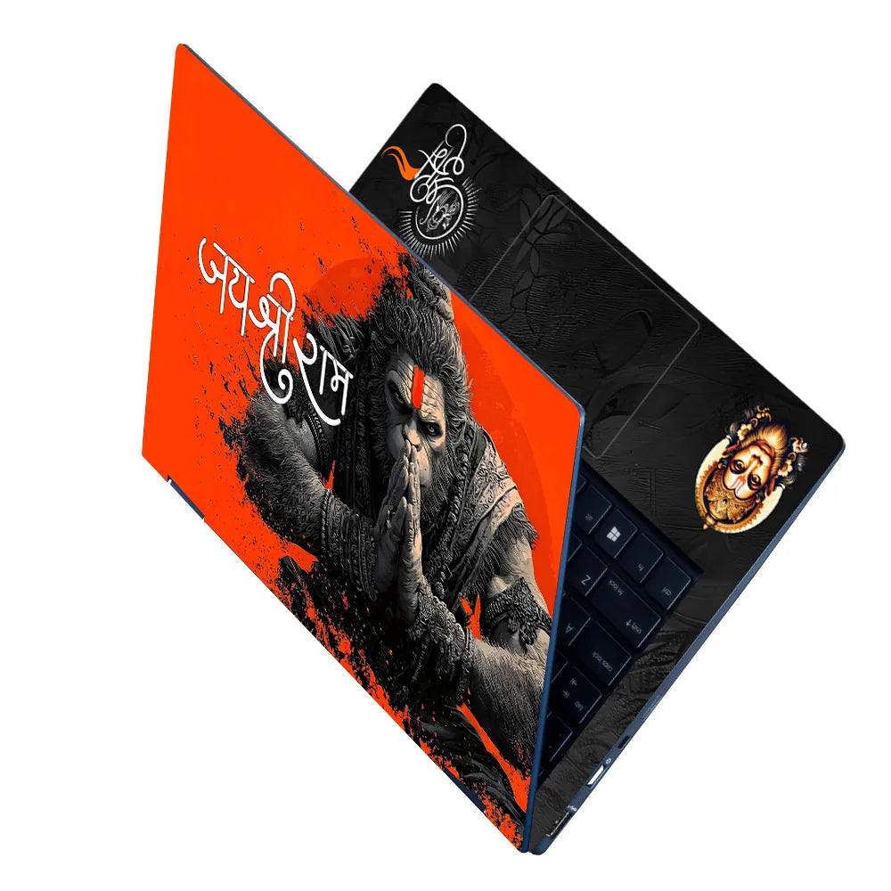Jai Shri Ram Hanuman Praying Red Orange Bold Art Laptop Skin - View 2