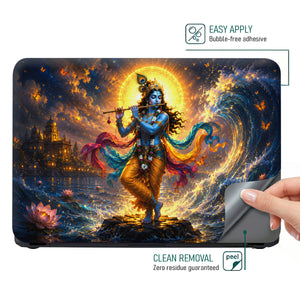 Krishna Dancing on Lotus Lake Rainbow Sash Laptop Skin - View 4
