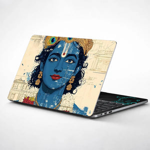 Lord Krishna Blue Face Closeup Architectural Background Laptop Skin - View 1