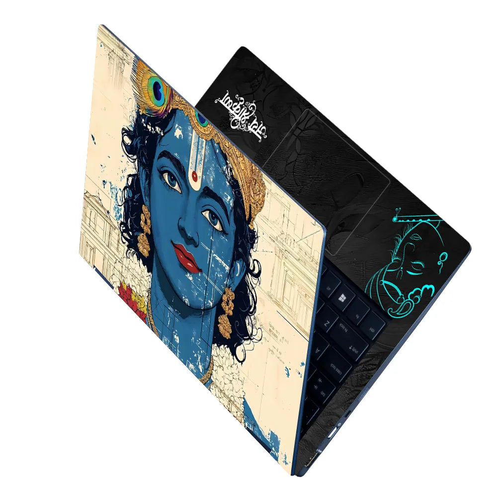 Lord Krishna Blue Face Closeup Architectural Background Laptop Skin - View 2