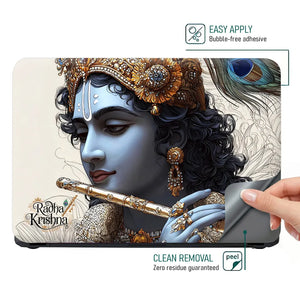 Lord Krishna Closeup Portrait Peacock Crown Flute Laptop Skin - View 4