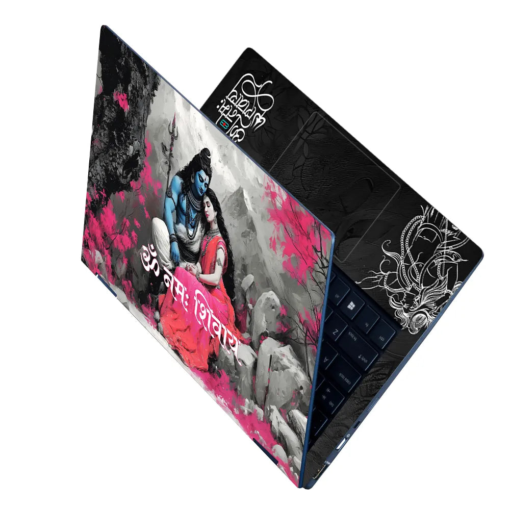 Om Namah Shivaya Shiva Parvati Pink Floral Mountain Laptop Skin - View 2