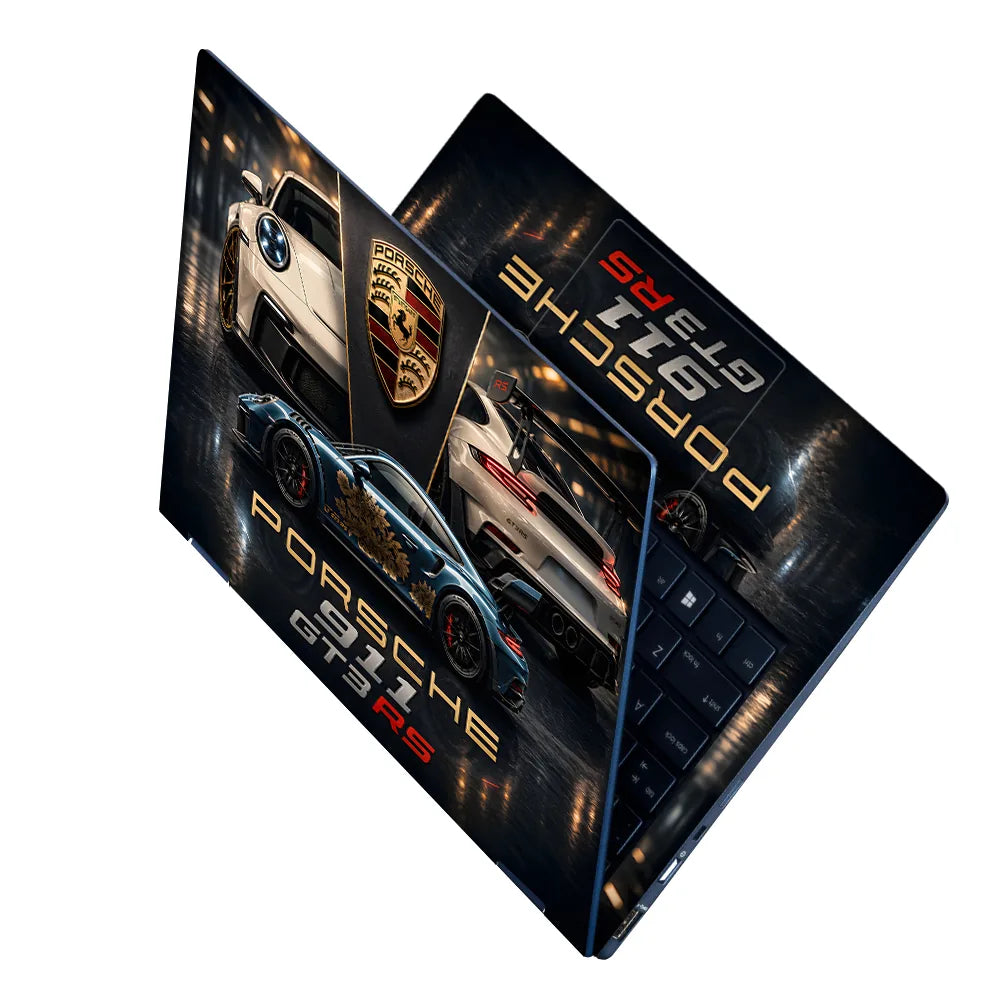 Porsche GT3RS Gold Floral Blue Laptop Skin - View 2