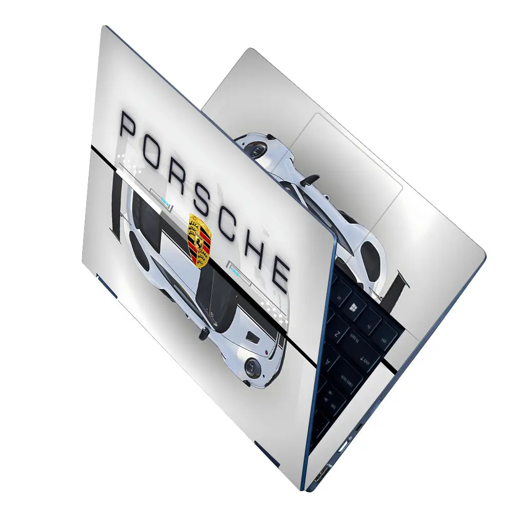 Porsche White Sports Car Grunge Laptop Skin - View 2