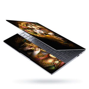 Radha Krishna Floral Crown Flute Embrace Laptop Skin - View 3