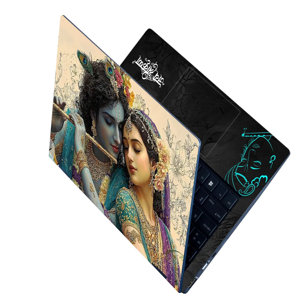 Radha Krishna Romantic Digital Art Peacock Feather Flute Laptop Skin - View 2