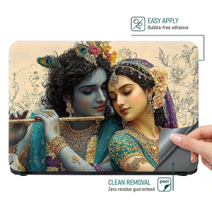 Radha Krishna Romantic Digital Art Peacock Feather Flute Laptop Skin - View 4
