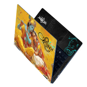 Radha Krishna Sitting Together Yellow Golden Background Laptop Skin - View 2