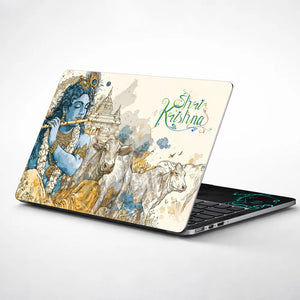 Shri Krishna Flute Cows Temple Watercolor Illustration Laptop Skin - View 1
