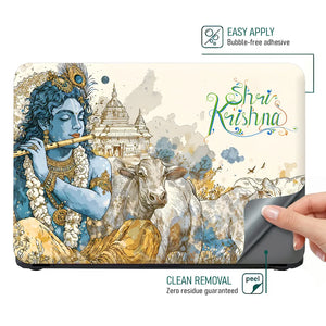 Shri Krishna Flute Cows Temple Watercolor Illustration Laptop Skin - View 4