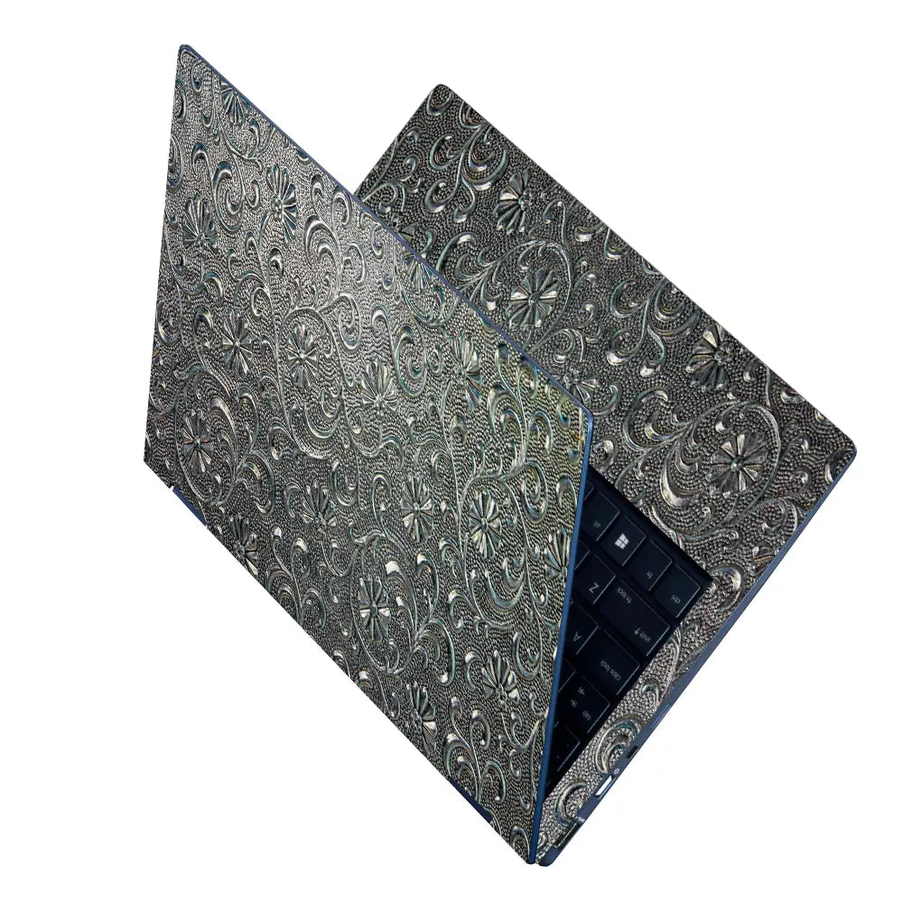 Silver Chrome Floral - Metallic and Textured Finish Laptop Skin - View 2