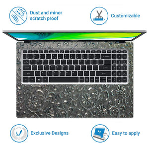 Silver Chrome Floral - Metallic and Textured Finish Laptop Skin - View 5