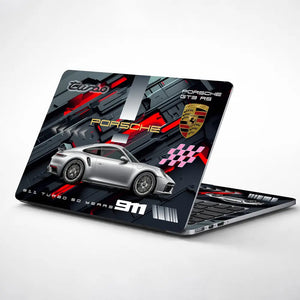 Silver Porsche 911 Turbo S Red Accent Graphic Design Laptop Skin - View 1