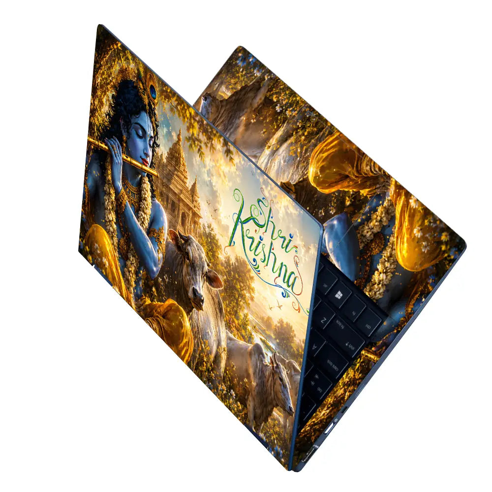 Spiritual Hindu Krishna Flute Cows Temple Laptop Skin - View 2