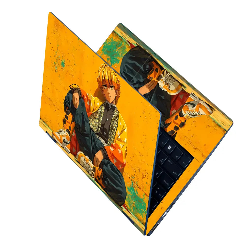 Vibrant Anime Character Against Yellow Wall Laptop Skin - View 2