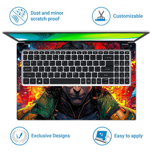 Vibrant Superhero Portrait With Fiery Background Laptop Skin - View 5