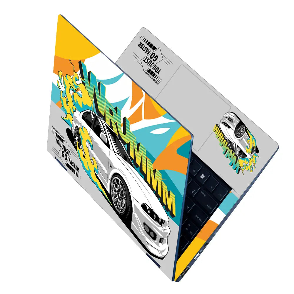Wrummm You Just Go Faster White Sports Car with Flames Laptop Skin - View 2