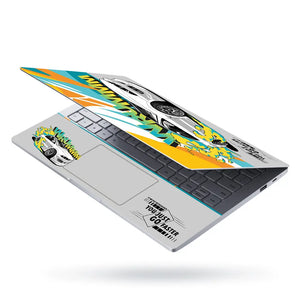 Wrummm You Just Go Faster White Sports Car with Flames Laptop Skin - View 3