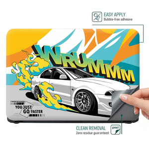 Wrummm You Just Go Faster White Sports Car with Flames Laptop Skin - View 4