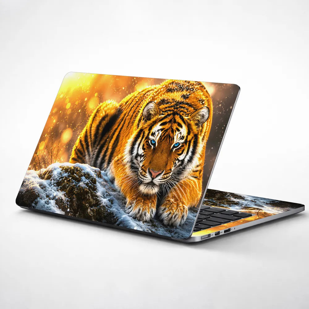 Abstract Blue Eyed Tiger Crouching in Snow Laptop Skin - View 1