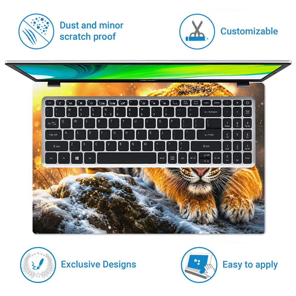 Abstract Blue Eyed Tiger Crouching in Snow Laptop Skin - View 5