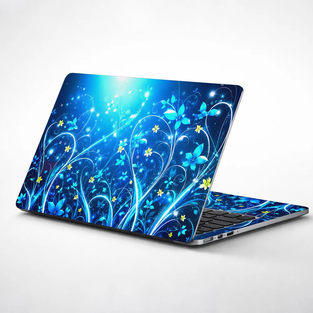 Abstract Blue Glowing Floral Fantasy Swirls Laptop Skin - View 1