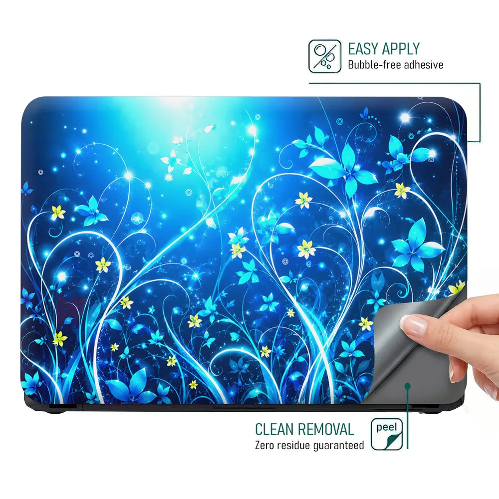 Abstract Blue Glowing Floral Fantasy Swirls Laptop Skin - View 4