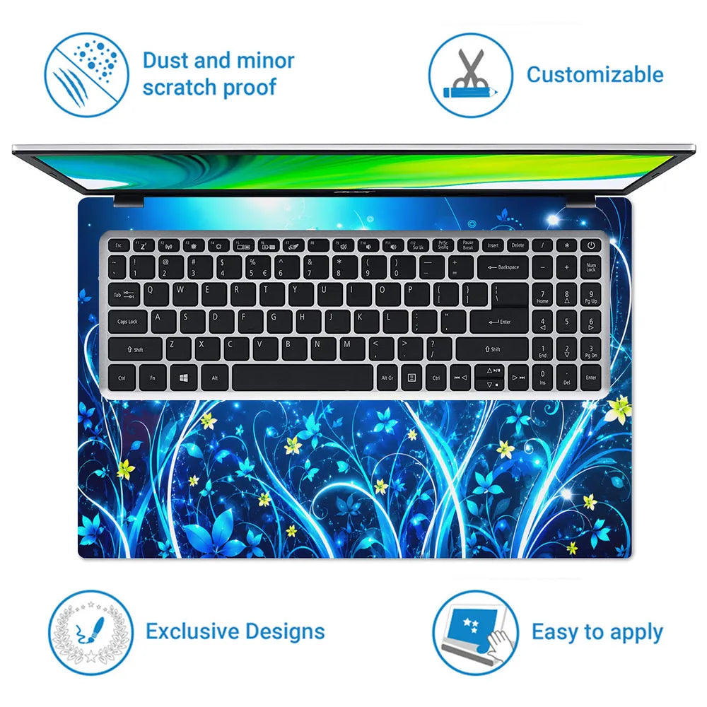 Abstract Blue Glowing Floral Fantasy Swirls Laptop Skin - View 5