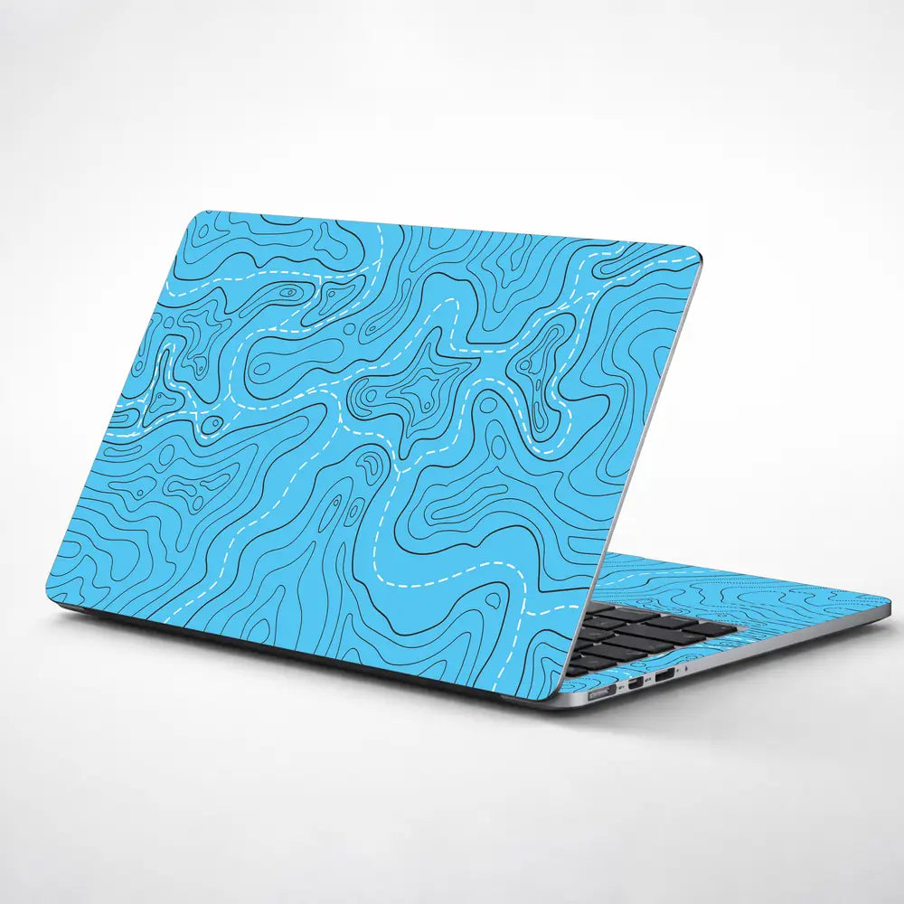 Abstract Blue Topographic Lines Flowing Laptop Skin - View 1