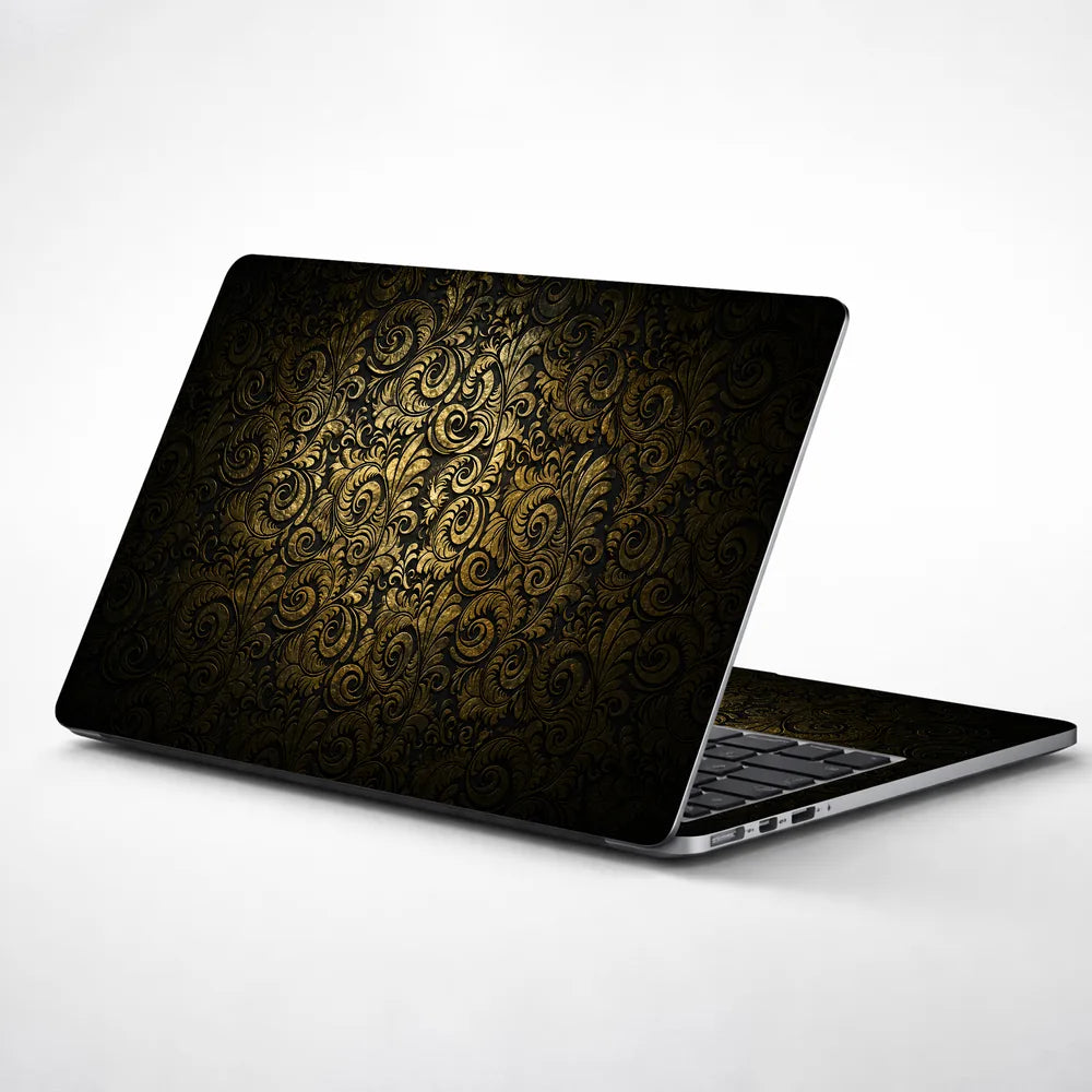 Abstract Dark Gold Ornamental Damask Pattern Laptop Skin - View 1
