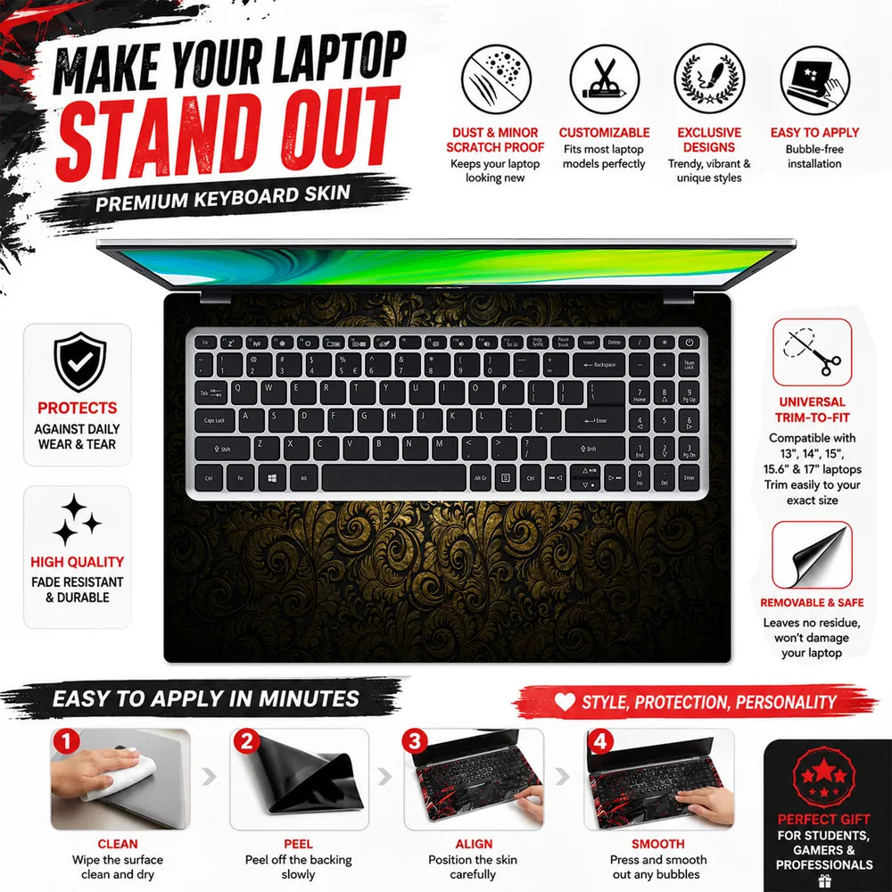 Abstract Dark Gold Ornamental Damask Pattern Laptop Skin - View 5