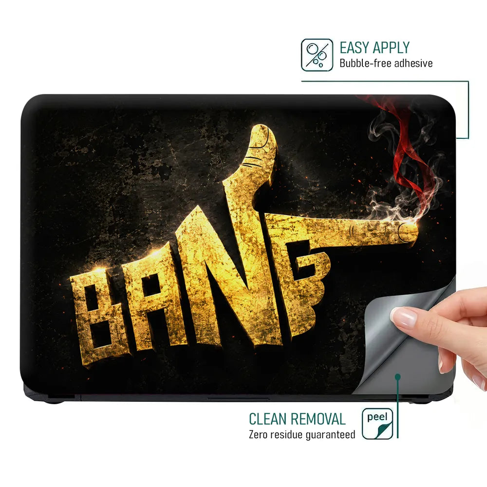 Abstract Gold Bang Smoking Gun Typography Laptop Skin - View 4