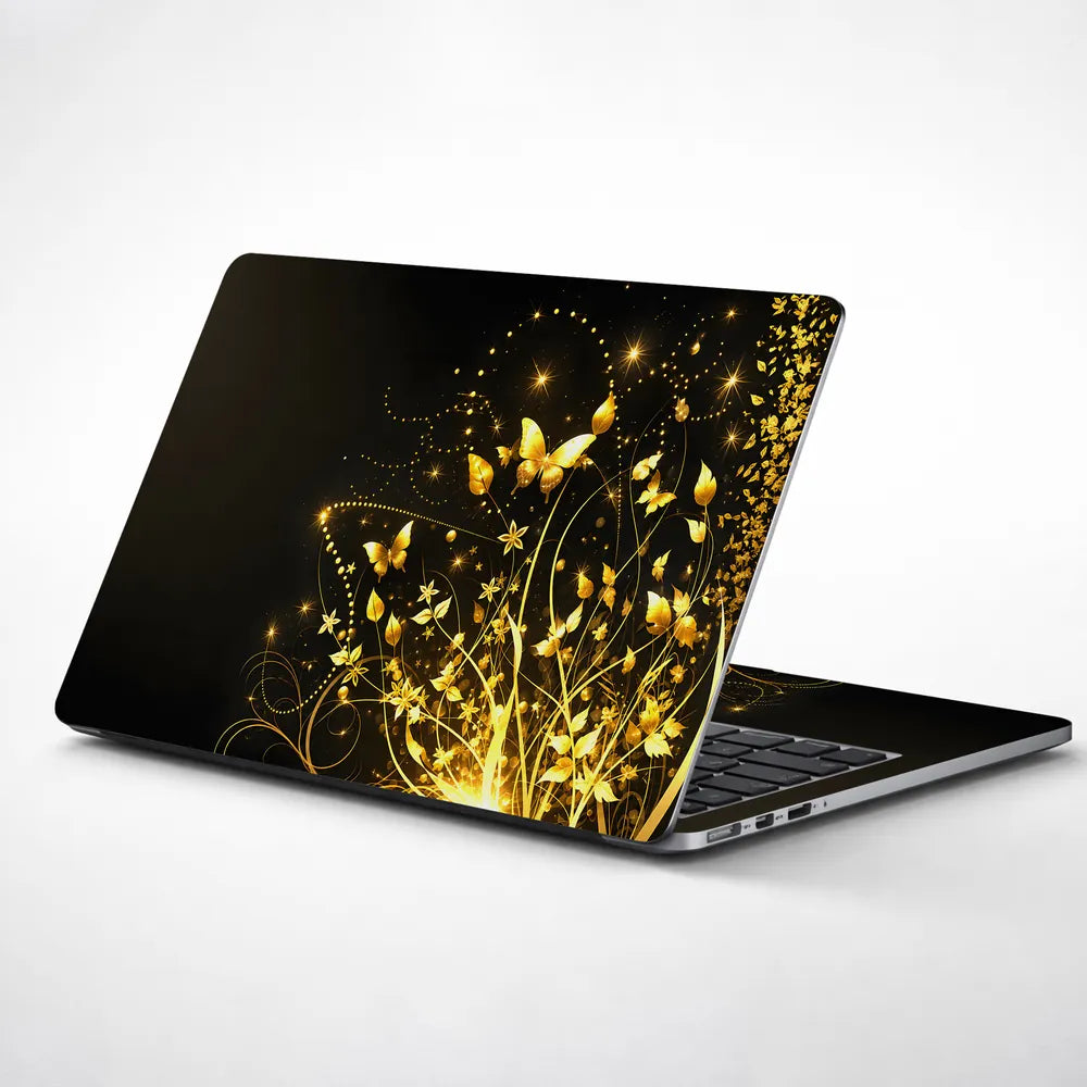 Abstract Golden Butterflies and Floral Sparkles Laptop Skin - View 1