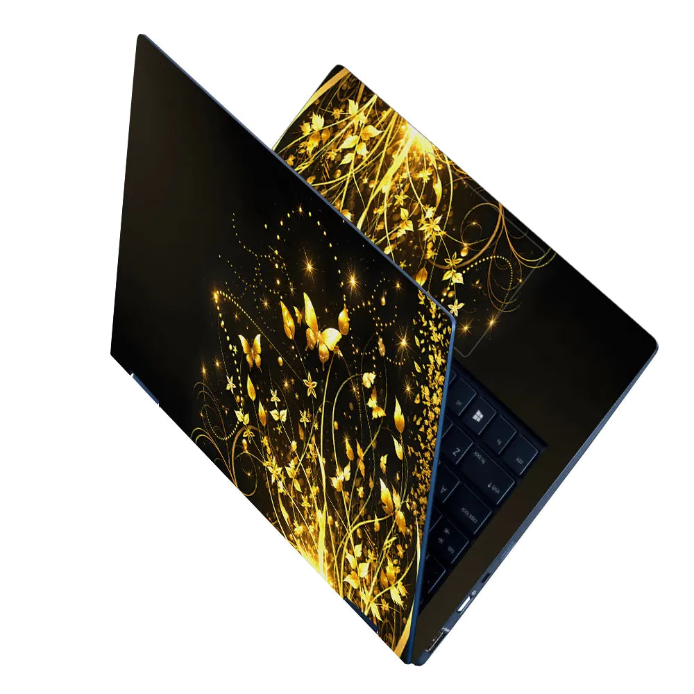 Abstract Golden Butterflies and Floral Sparkles Laptop Skin - View 2