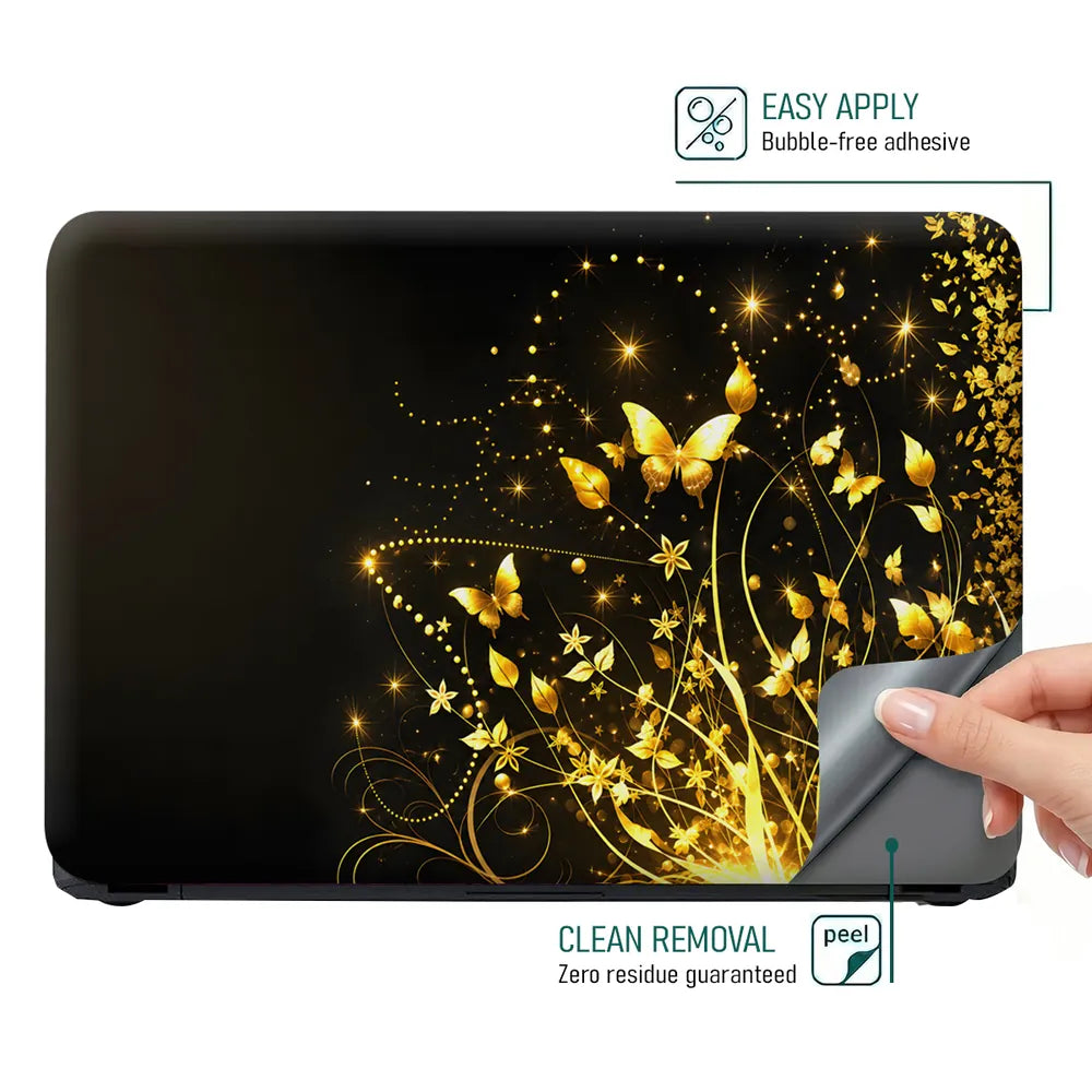 Abstract Golden Butterflies and Floral Sparkles Laptop Skin - View 4