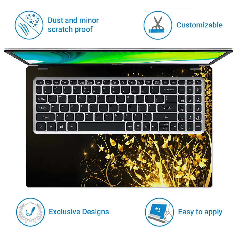 Abstract Golden Butterflies and Floral Sparkles Laptop Skin - View 5