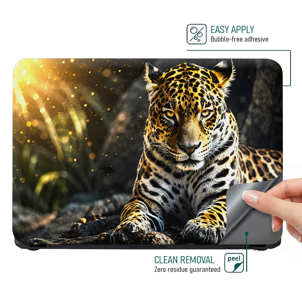 Abstract Golden Jaguar Resting in Jungle Light Laptop Skin - View 4