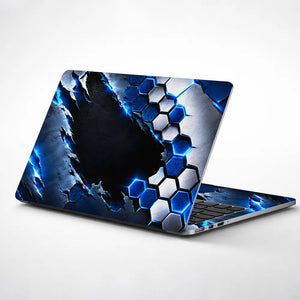Abstract Hexagon Metal Blue Cracked Laptop Skin - View 1