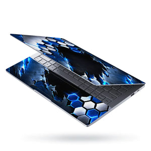 Abstract Hexagon Metal Blue Cracked Laptop Skin - View 3