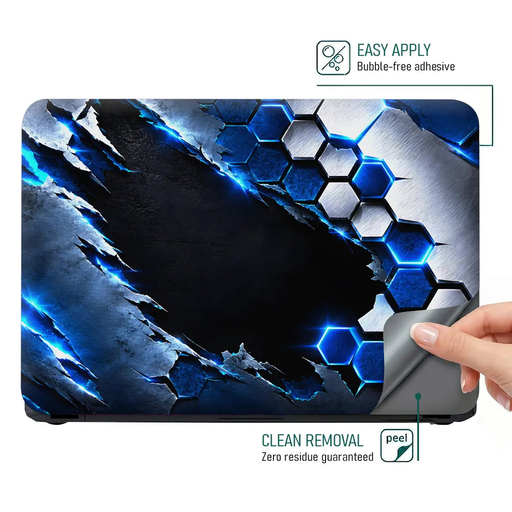 Abstract Hexagon Metal Blue Cracked Laptop Skin - View 4