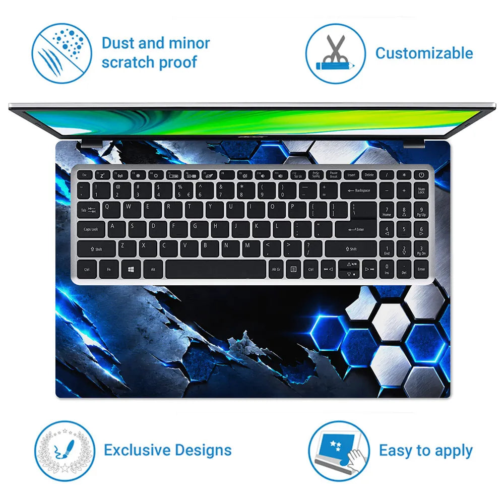 Abstract Hexagon Metal Blue Cracked Laptop Skin - View 5