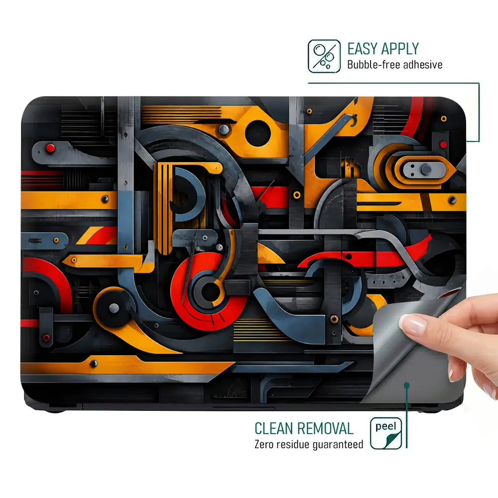 Abstract Machinery Yellow Red Gears Laptop Skin - View 4