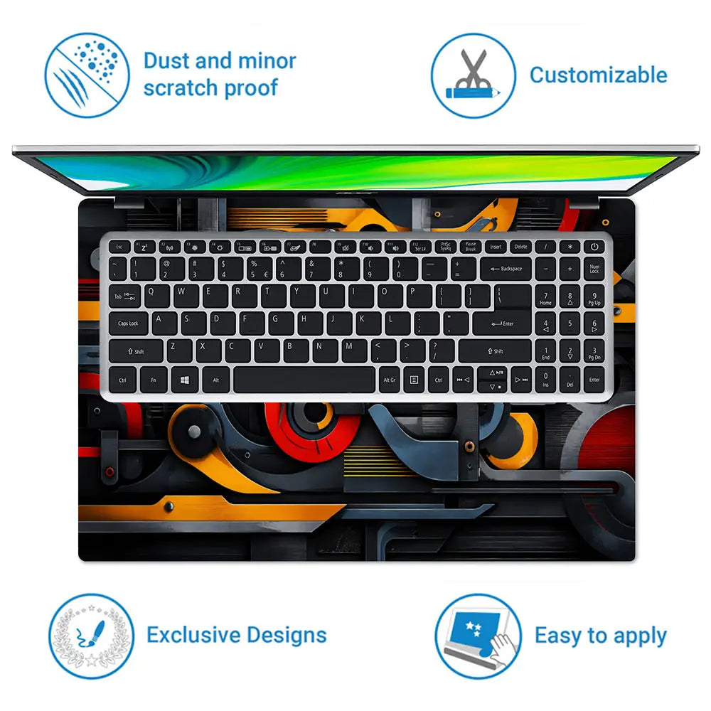 Abstract Machinery Yellow Red Gears Laptop Skin - View 5