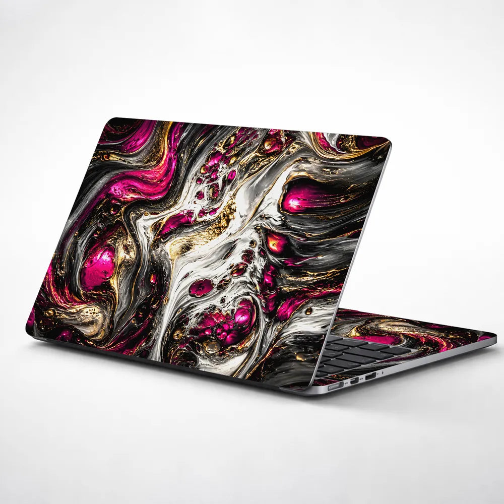 Abstract Magenta Gold Liquid Marble Swirl Laptop Skin - View 1